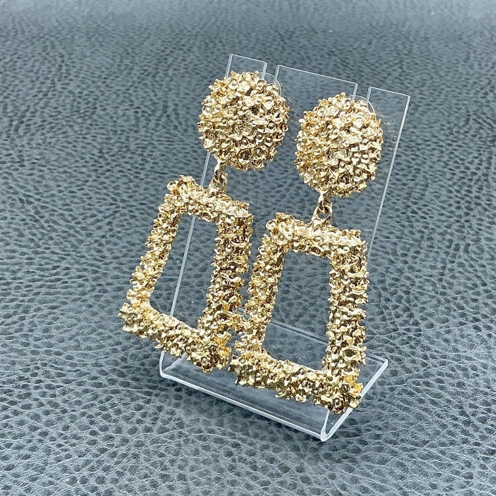 Earrings Gold Tone Rectangle Dangle Drop Womens Textured Long Statement Jewelry